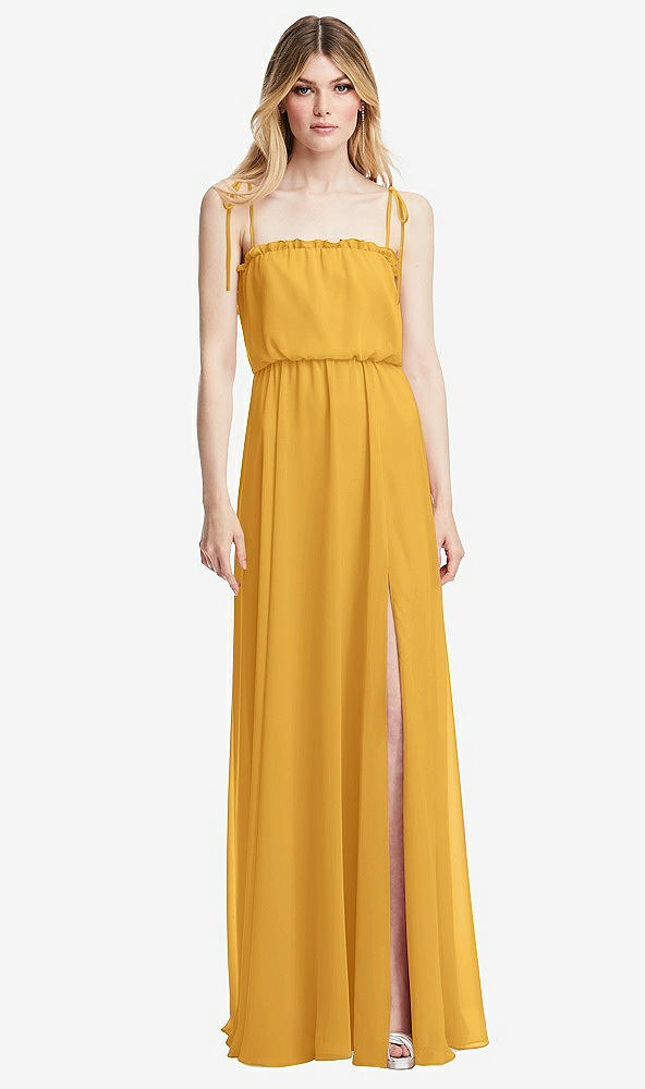 Front View - NYC Yellow Skinny Tie-Shoulder Ruffle-Trimmed Blouson Maxi Dress