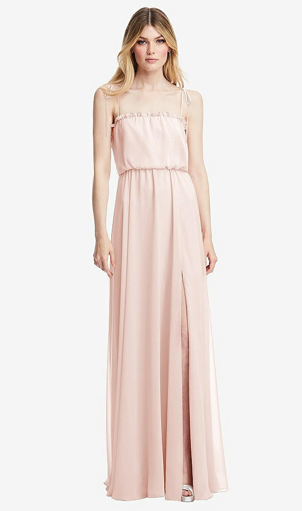 Front View - Blush Skinny Tie-Shoulder Ruffle-Trimmed Blouson Maxi Dress