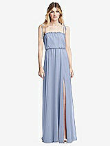 Front View Thumbnail - Sky Blue Skinny Tie-Shoulder Ruffle-Trimmed Blouson Maxi Dress