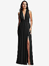 Front View Thumbnail - Black Shirred Deep Plunge Neck Closed Back Chiffon Maxi Dress 