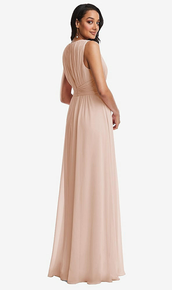 Back View - Cameo Shirred Deep Plunge Neck Closed Back Chiffon Maxi Dress 