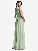 Rear View Thumbnail - Celadon Shirred Deep Plunge Neck Closed Back Chiffon Maxi Dress 