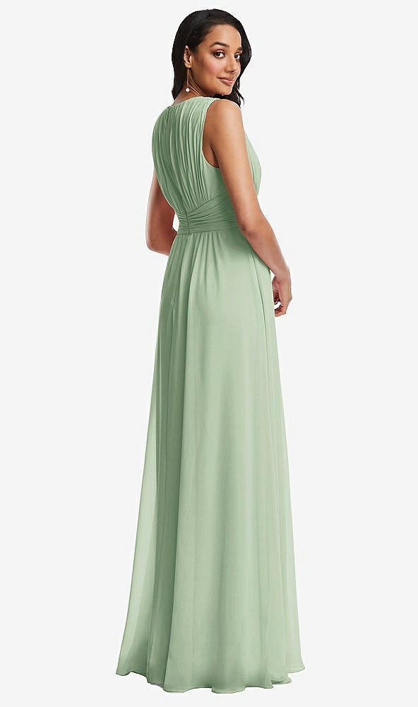 Back View - Celadon Shirred Deep Plunge Neck Closed Back Chiffon Maxi Dress 