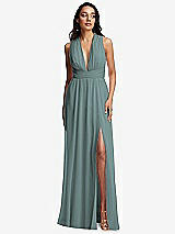 Front View Thumbnail - Icelandic Shirred Deep Plunge Neck Closed Back Chiffon Maxi Dress 