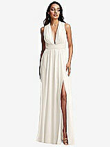 Front View Thumbnail - Ivory Shirred Deep Plunge Neck Closed Back Chiffon Maxi Dress 