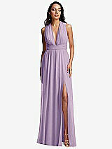 Front View Thumbnail - Pale Purple Shirred Deep Plunge Neck Closed Back Chiffon Maxi Dress 