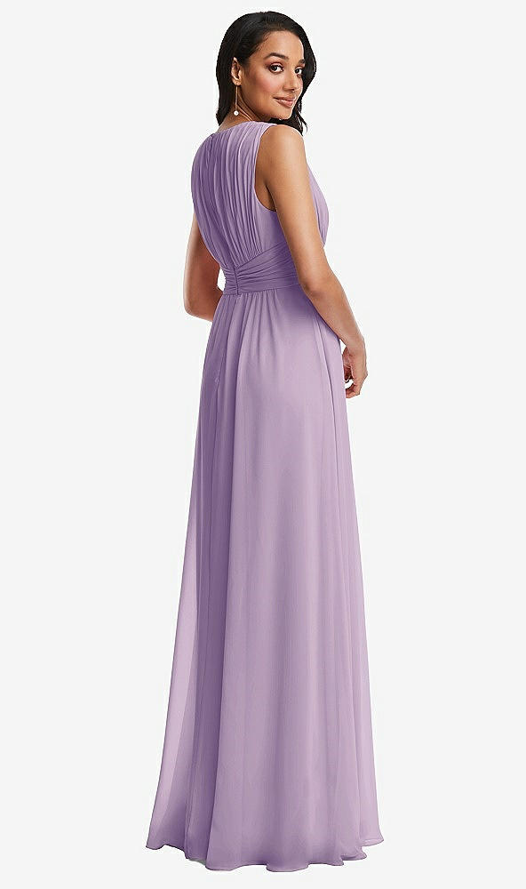 Back View - Pale Purple Shirred Deep Plunge Neck Closed Back Chiffon Maxi Dress 