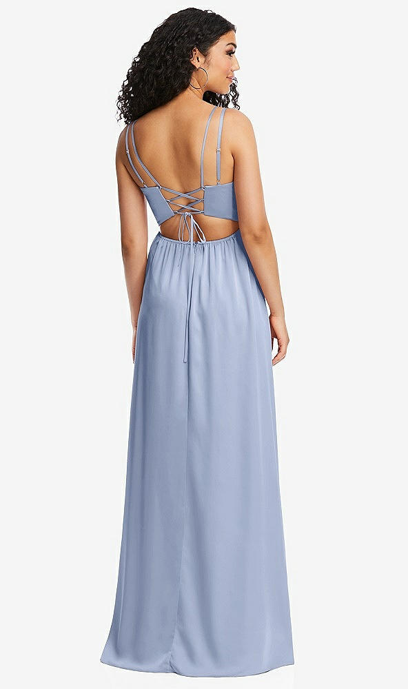 Back View - Sky Blue Dual Strap V-Neck Lace-Up Open-Back Maxi Dress