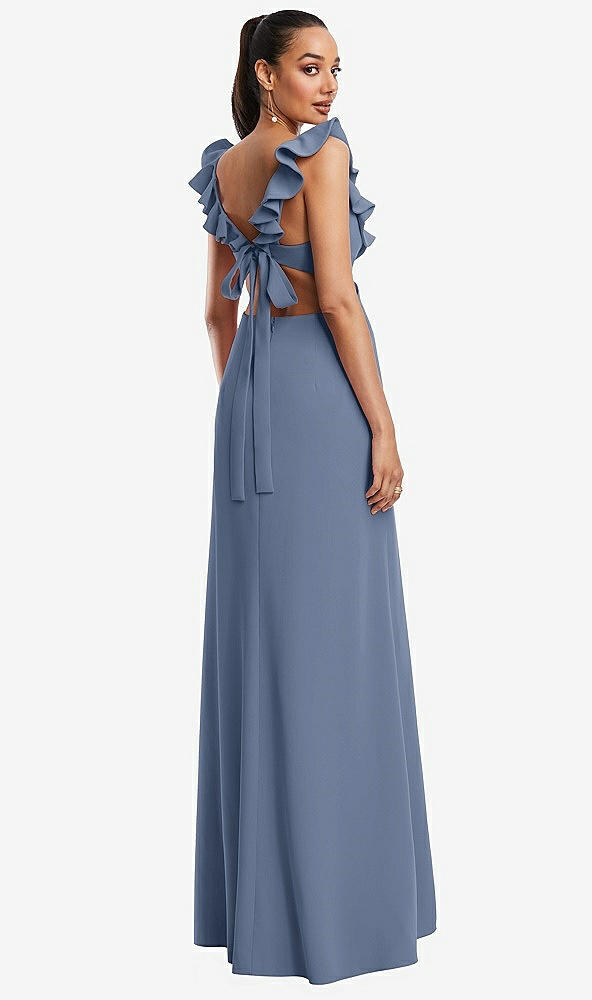 Back View - Larkspur Blue Ruffle-Trimmed Neckline Cutout Tie-Back Trumpet Gown