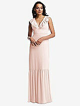 Front View Thumbnail - Blush Tiered Ruffle Plunge Neck Open-Back Maxi Dress with Deep Ruffle Skirt