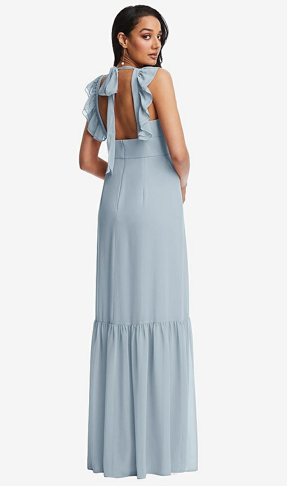 Back View - Mist Tiered Ruffle Plunge Neck Open-Back Maxi Dress with Deep Ruffle Skirt