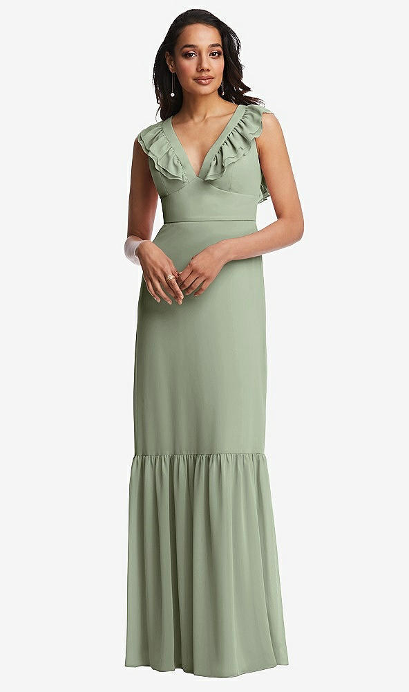 Front View - Sage Tiered Ruffle Plunge Neck Open-Back Maxi Dress with Deep Ruffle Skirt