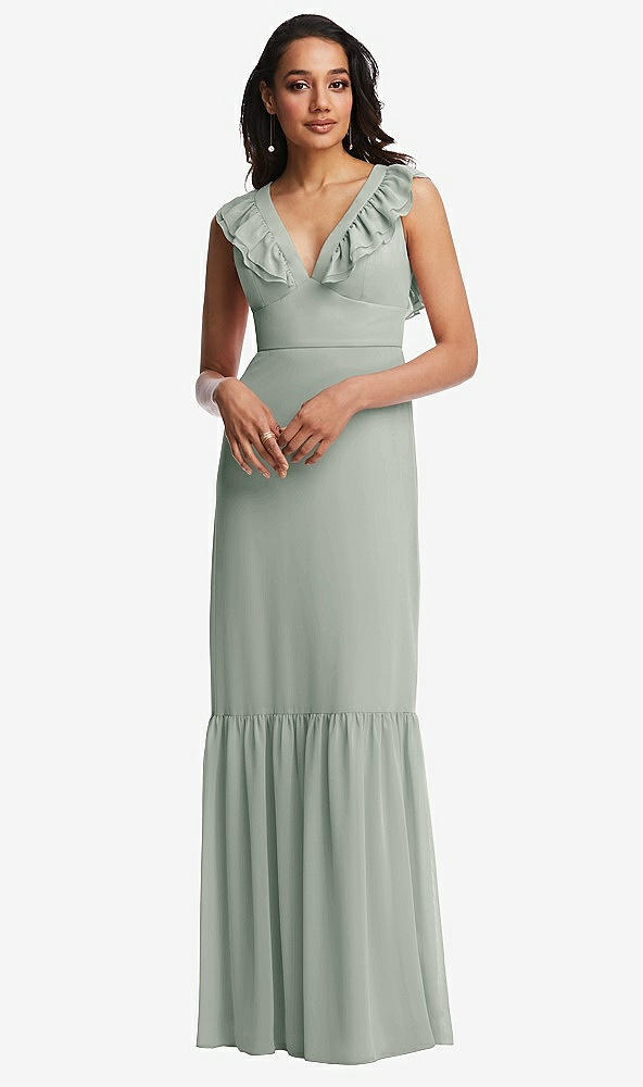 Front View - Willow Green Tiered Ruffle Plunge Neck Open-Back Maxi Dress with Deep Ruffle Skirt