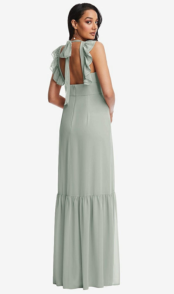 Back View - Willow Green Tiered Ruffle Plunge Neck Open-Back Maxi Dress with Deep Ruffle Skirt