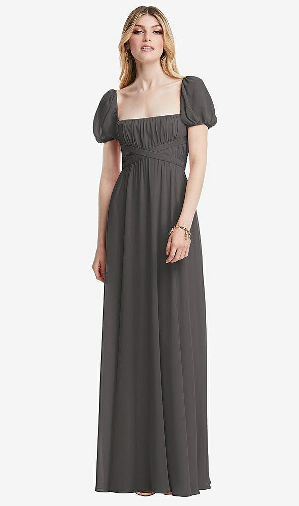 Front View - Caviar Gray Regency Empire Waist Puff Sleeve Chiffon Maxi Dress