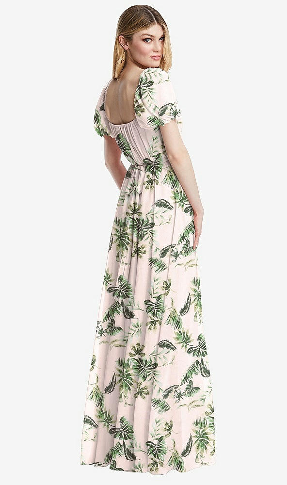 Back View - Palm Beach Print Regency Empire Waist Puff Sleeve Chiffon Maxi Dress