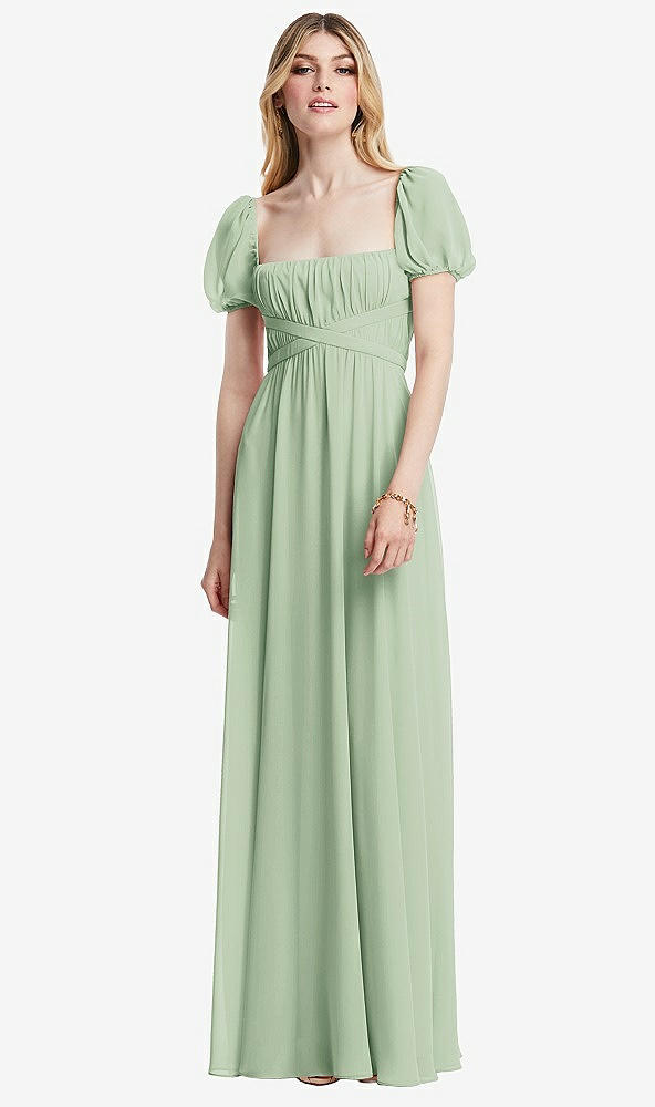 Front View - Celadon Regency Empire Waist Puff Sleeve Chiffon Maxi Dress