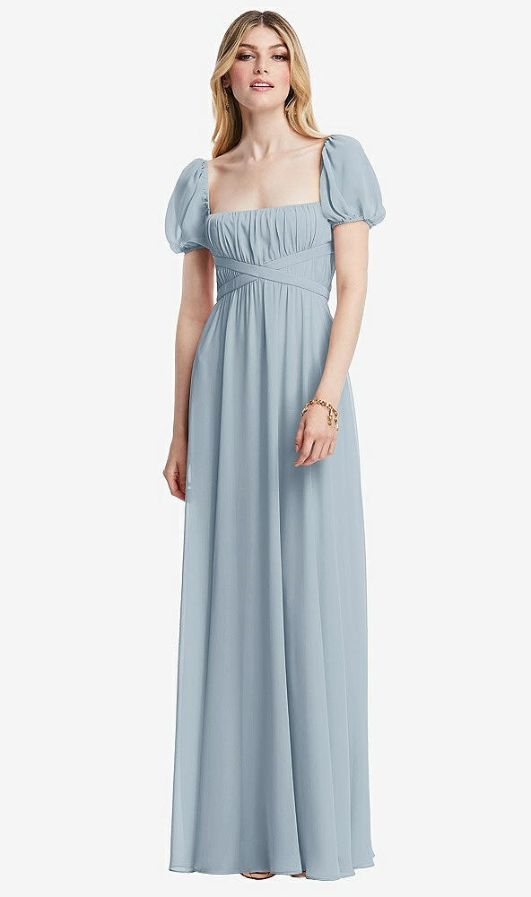 Front View - Mist Regency Empire Waist Puff Sleeve Chiffon Maxi Dress