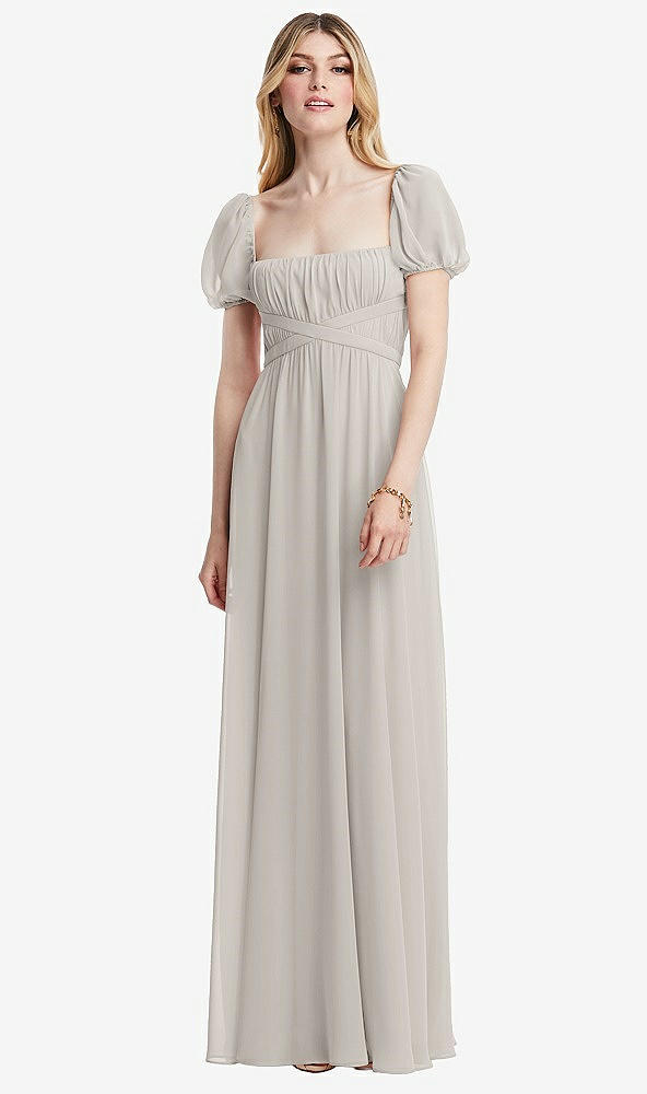 Front View - Oyster Regency Empire Waist Puff Sleeve Chiffon Maxi Dress