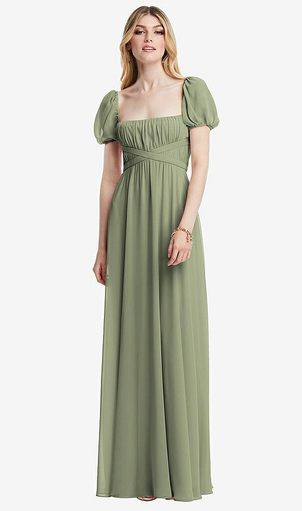 Front View - Sage Regency Empire Waist Puff Sleeve Chiffon Maxi Dress