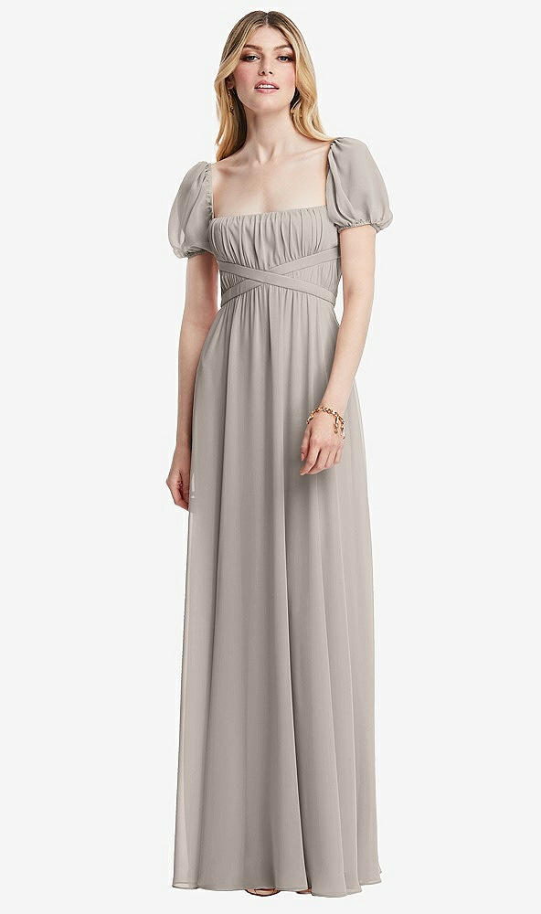 Front View - Taupe Regency Empire Waist Puff Sleeve Chiffon Maxi Dress