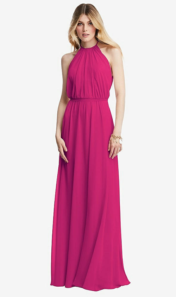 Front View - Think Pink Illusion Back Halter Maxi Dress with Covered Button Detail