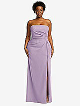 Front View Thumbnail - Pale Purple Strapless Pleated Faux Wrap Trumpet Gown with Front Slit