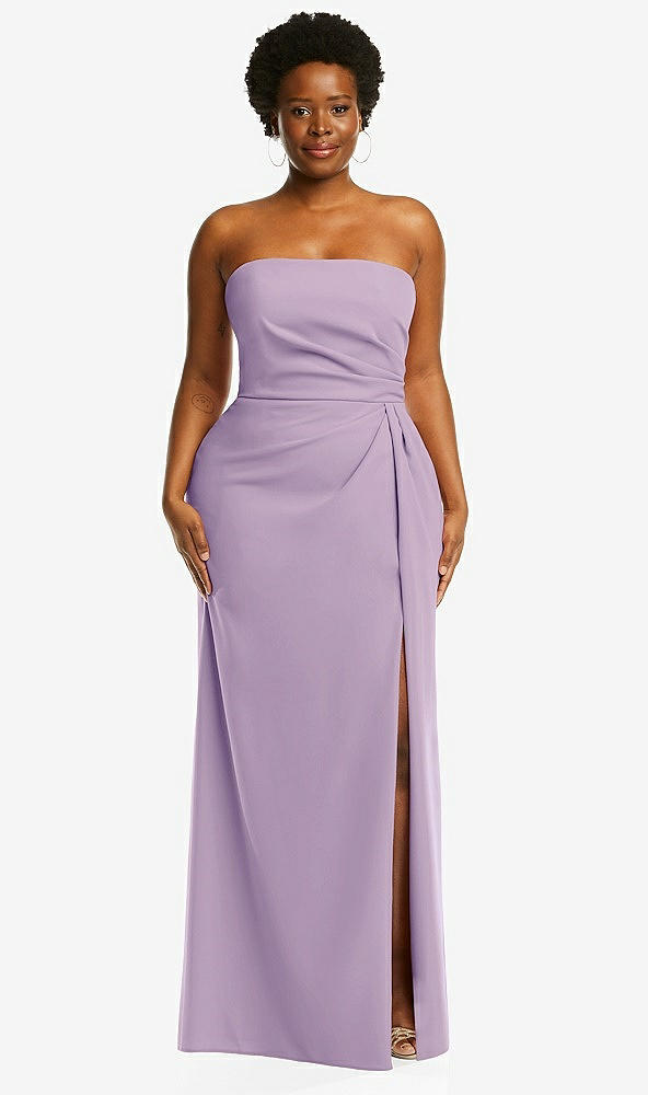 Front View - Pale Purple Strapless Pleated Faux Wrap Trumpet Gown with Front Slit