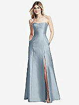 Rear View Thumbnail - Mist Strapless A-line Satin Gown with Modern Bow Detail