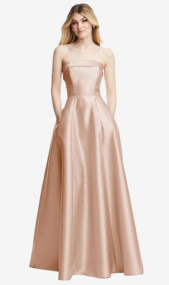 Front View - Cameo Strapless Bias Cuff Bodice Satin Gown with Pockets