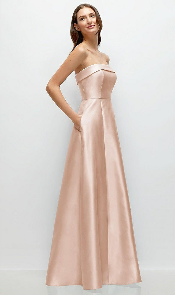 Back View - Cameo Strapless Bias Cuff Bodice Satin Gown with Pockets