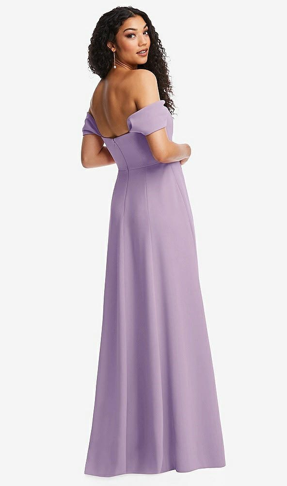 Back View - Pale Purple Off-the-Shoulder Pleated Cap Sleeve A-line Maxi Dress