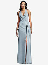 Front View Thumbnail - Mist Pleated V-Neck Closed Back Trumpet Gown with Draped Front Slit