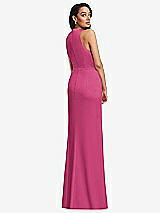 Rear View Thumbnail - Tea Rose Pleated V-Neck Closed Back Trumpet Gown with Draped Front Slit