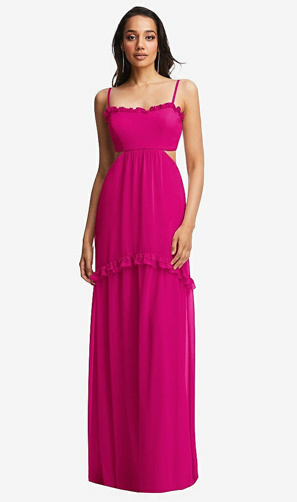 Front View - Think Pink Ruffle-Trimmed Cutout Tie-Back Maxi Dress with Tiered Skirt