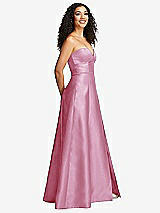 Side View Thumbnail - Powder Pink Strapless Bustier A-Line Satin Gown with Front Slit