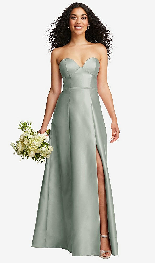 Front View - Willow Green Strapless Bustier A-Line Satin Gown with Front Slit