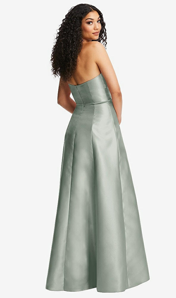 Back View - Willow Green Strapless Bustier A-Line Satin Gown with Front Slit