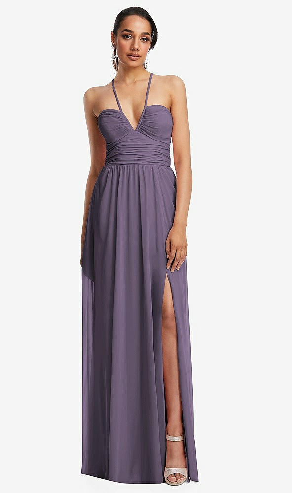 Front View - Lavender Plunging V-Neck Criss Cross Strap Back Maxi Dress