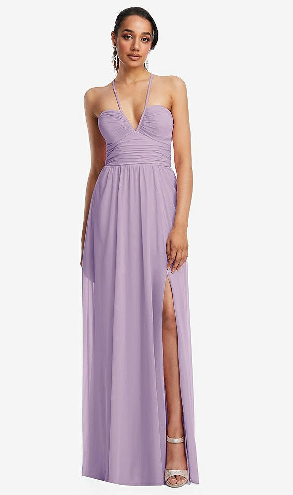 Front View - Pale Purple Plunging V-Neck Criss Cross Strap Back Maxi Dress