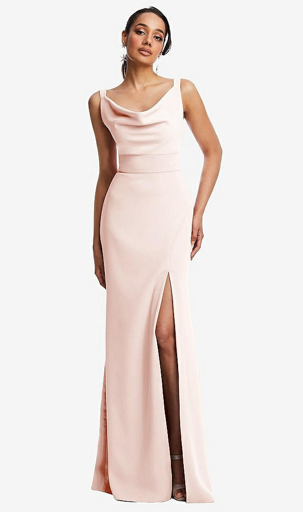 Front View - Blush Cowl-Neck Wide Strap Crepe Trumpet Gown with Front Slit