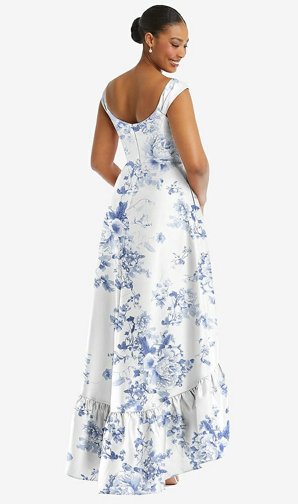 Back View - Cottage Rose Larkspur Cap Sleeve Deep Ruffle Hem Floral High Low Dress with Pockets