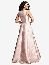 Rear View Thumbnail - Bow And Blossom Print Boned Corset Closed-Back Floral Satin Gown with Full Skirt