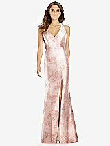 Front View Thumbnail - Bow And Blossom Print V-Neck Halter Floral Satin Trumpet Gown with Front Slit