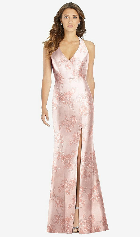 Front View - Bow And Blossom Print V-Neck Halter Floral Satin Trumpet Gown with Front Slit