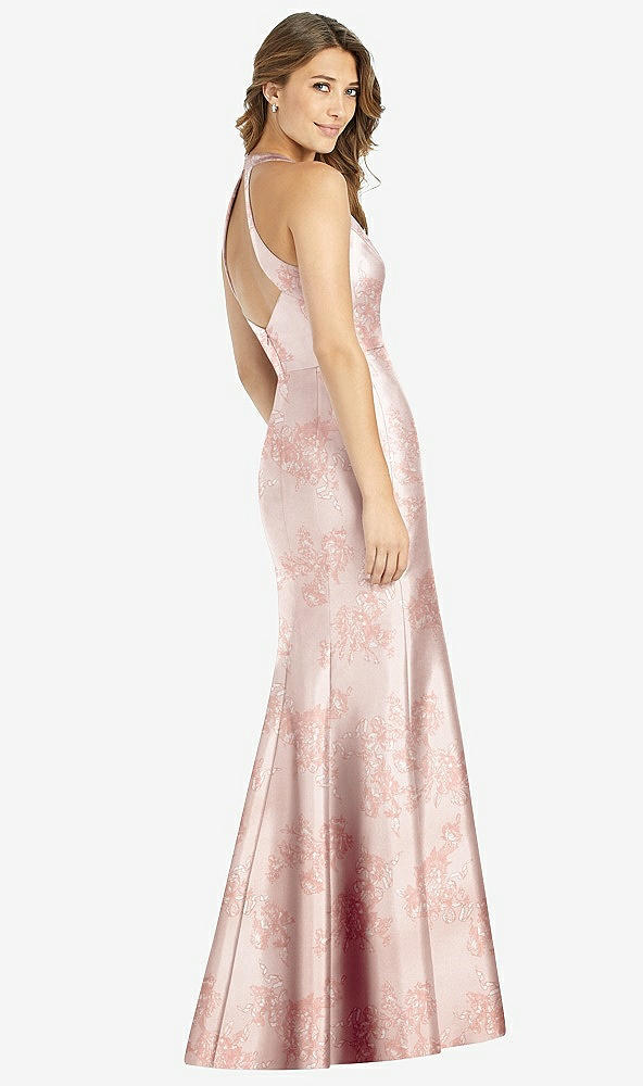 Back View - Bow And Blossom Print V-Neck Halter Floral Satin Trumpet Gown with Front Slit