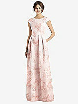 Front View Thumbnail - Bow And Blossom Print Cap Sleeve Pleated Skirt Floral Satin Dress with Pockets