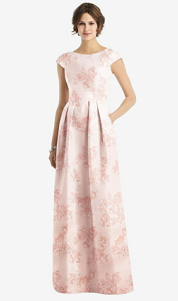 Front View - Bow And Blossom Print Cap Sleeve Pleated Skirt Floral Satin Dress with Pockets