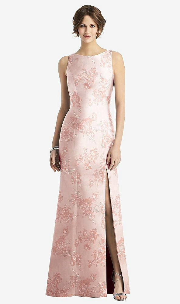 Front View - Bow And Blossom Print Sleeveless Floral Satin Trumpet Gown with Bow at Open-Back