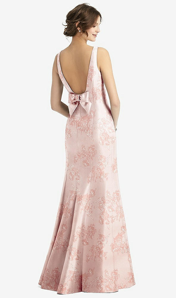 Back View - Bow And Blossom Print Sleeveless Floral Satin Trumpet Gown with Bow at Open-Back